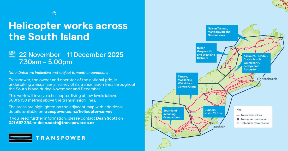 Map and text detailing the specific areas where a helicopter will be flying over the South Island to inspect transmission lines. 