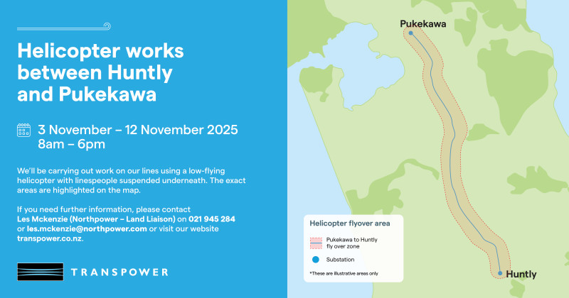 Image of a map showing the area between Huntly and Pukekawa as the area where helicopter flyovers will be taking place.