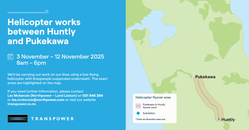 Image of a map showing the flyover zone for a helicopter to inspect transmission lines between Huntly and Pukekawa
