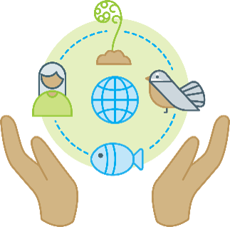 Image of hands holding up people, plants and animals 