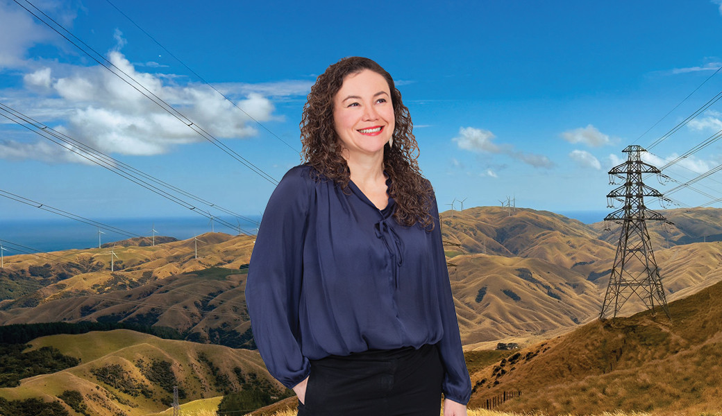 Image of a woman in a blue shirt with long brown hair standing in front of a landscape shot in muted tones with a blue sky and power lines running throughout.