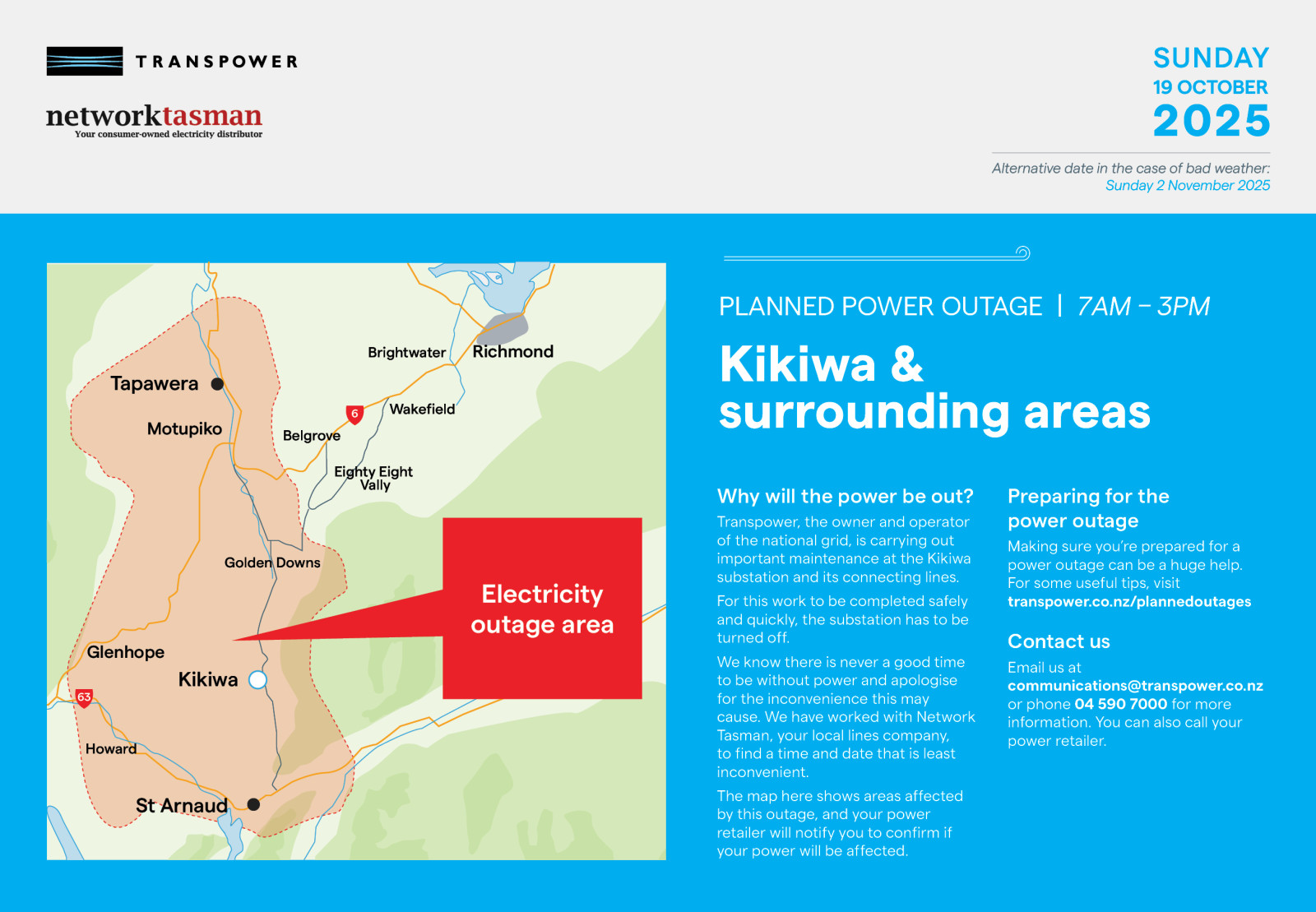 Image with a map on the left showing the electricity outage area and then text on the right with information about the reason for the outage.