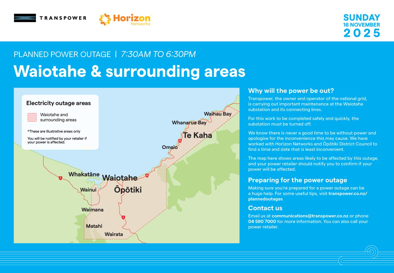 Image of a map with writing around it detailing the area in the Bay of Plenty Region where a power outage will be necessary on Sunday 16 November. The area encompasses Waiotahe and surrounding areas.