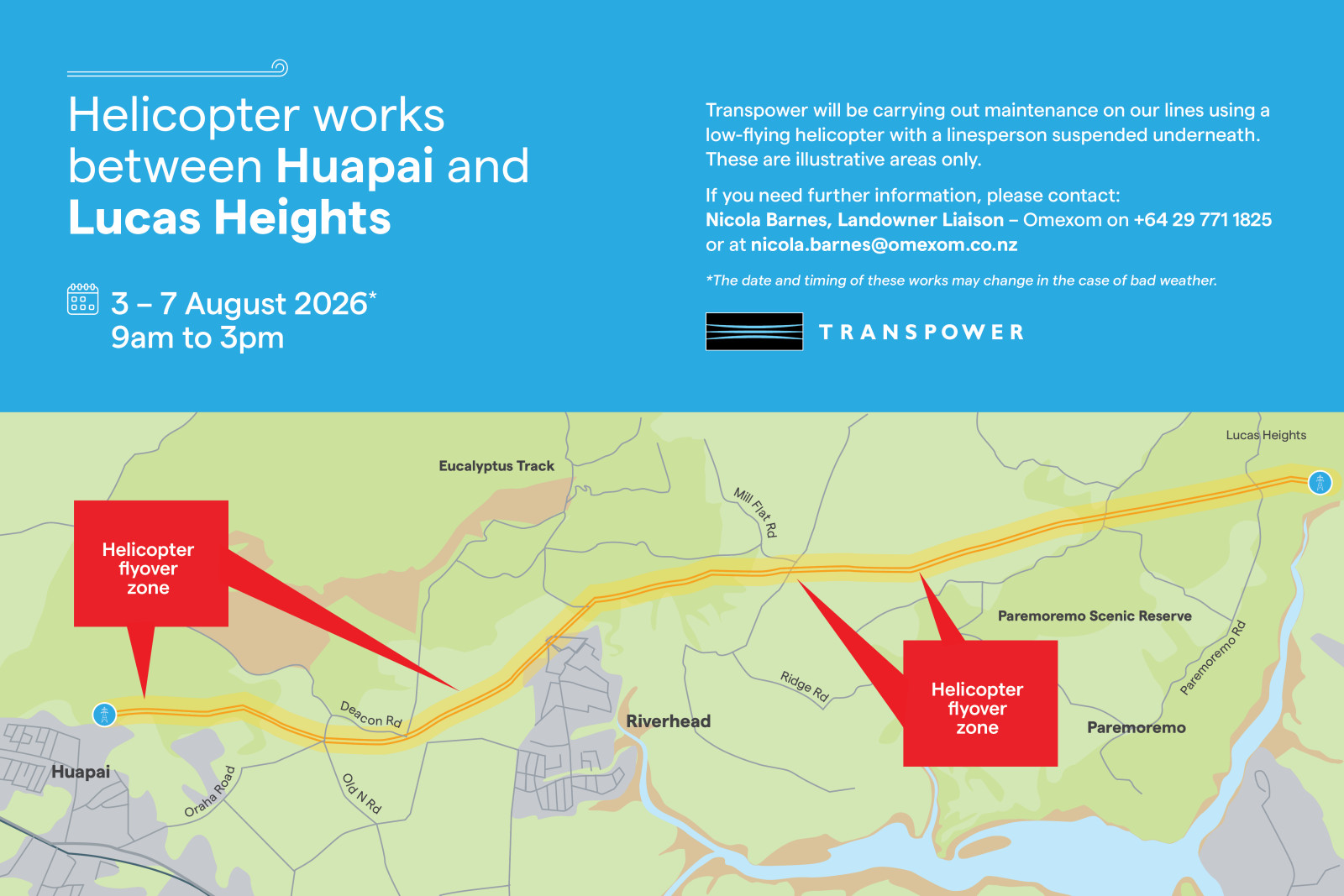 Image of a map showing where a helicopter will fly to carry out maintenance on a transmission line between Huapai substation and Lucas Heights
