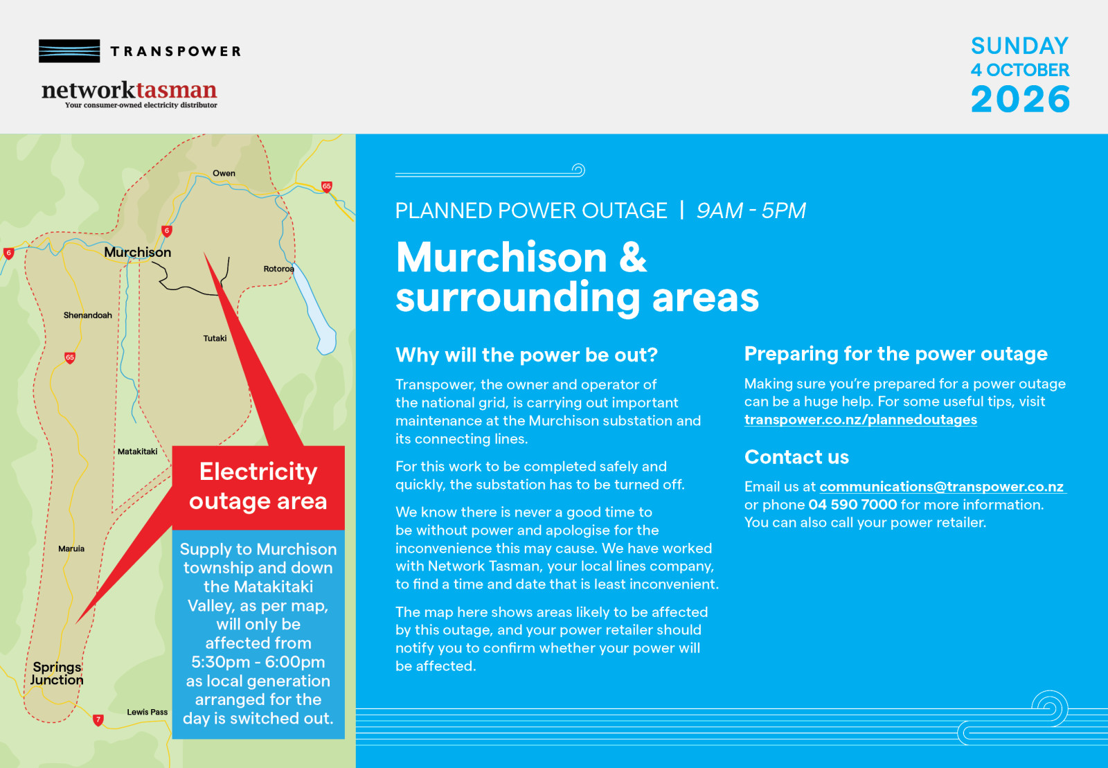 Murchison outage 4 October 2026 9am to 5pm