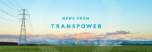 Image of a powerline in front of a pink and blue horizon.