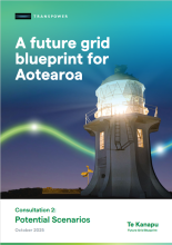 Screenshot of the cover of a consultation document - text reads A future grid blueprint for Aotearoa. Consultation 2: Potential scenarios. October 2025